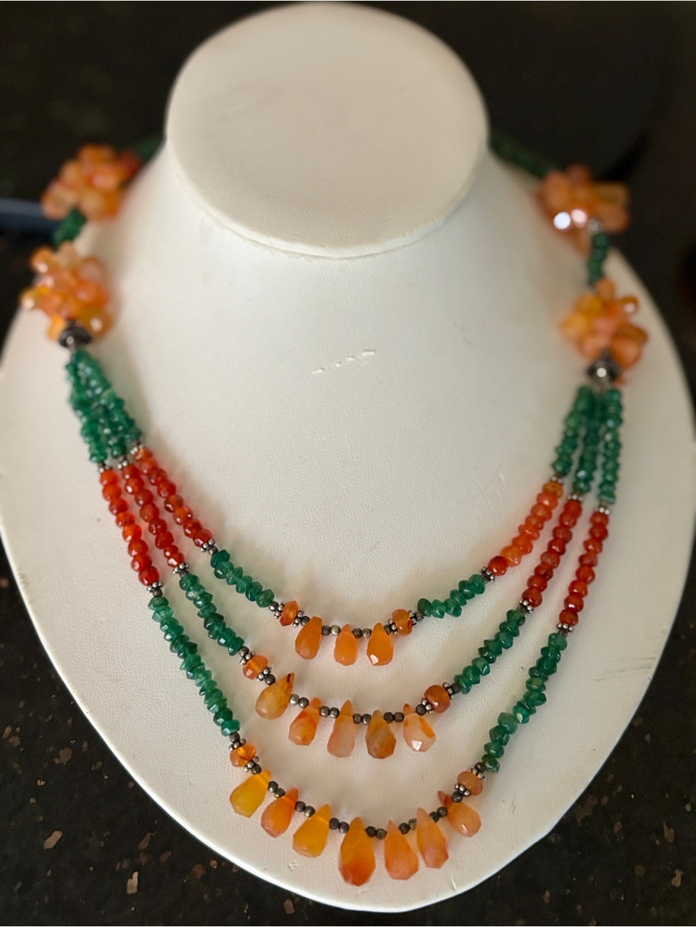 Artisan Made Carnelian, Emerald, 925 Silver Triple Strand Women's Necklace